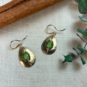 Green Apatite Hammered Gold Teardrop Earrings