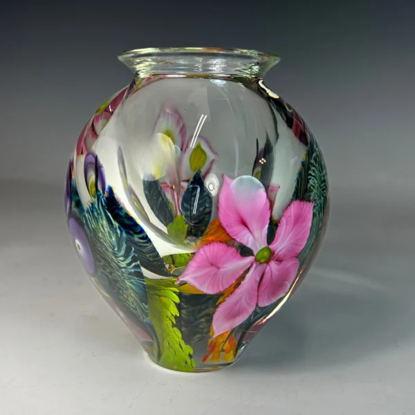 Mixed Bouquet Paperweight Vase with Pink Clematis and Blue Holly Hocks