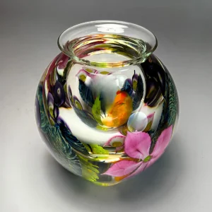 Mixed Bouquet Paperweight Vase with Pink Clematis and Blue Holly Hocks