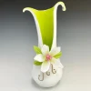 Tall White Split Vase with Lime Accents and Flower