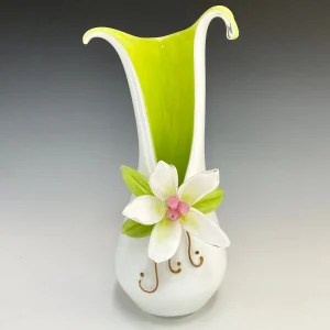 Tall White Split Vase with Lime Accents and Flower
