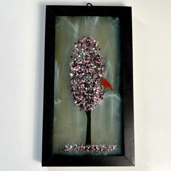 4x8 Fused Glass Framed Seasonal Cardinal in a Tree