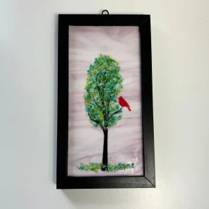 4x8 Fused Glass Framed Seasonal Cardinal in a Tree