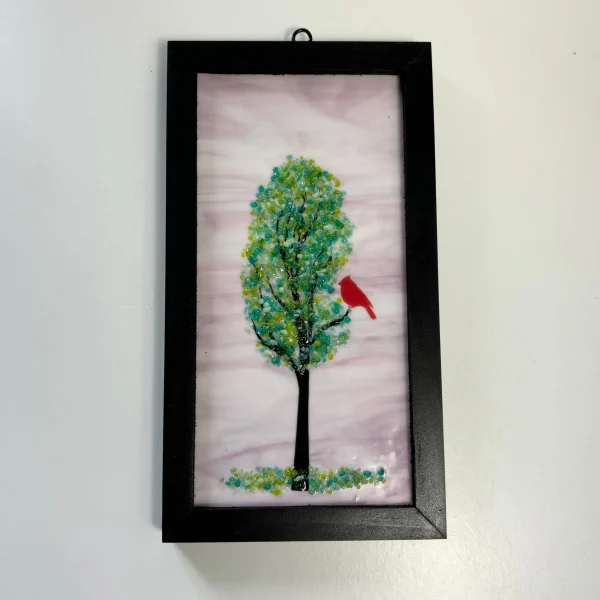 4x8 Fused Glass Framed Seasonal Cardinal in a Tree